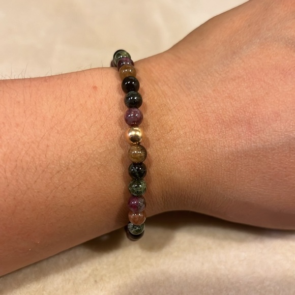 Watermelon Tourmaline Gold Filled Gemstone Set of 3 Stretch Stacking Bracelet - Picture 10 of 13